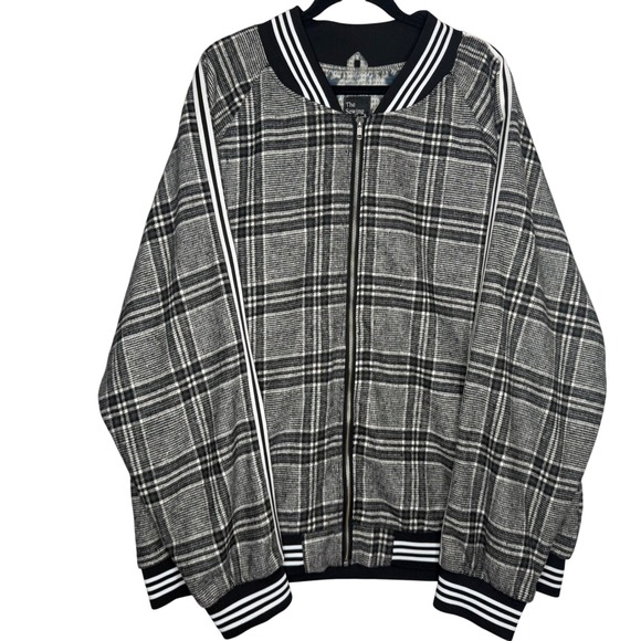 The Sewing Brothers 3XL Plaid Bomber Varsity Jacket Full Zip Striped Black White - Picture 1 of 6